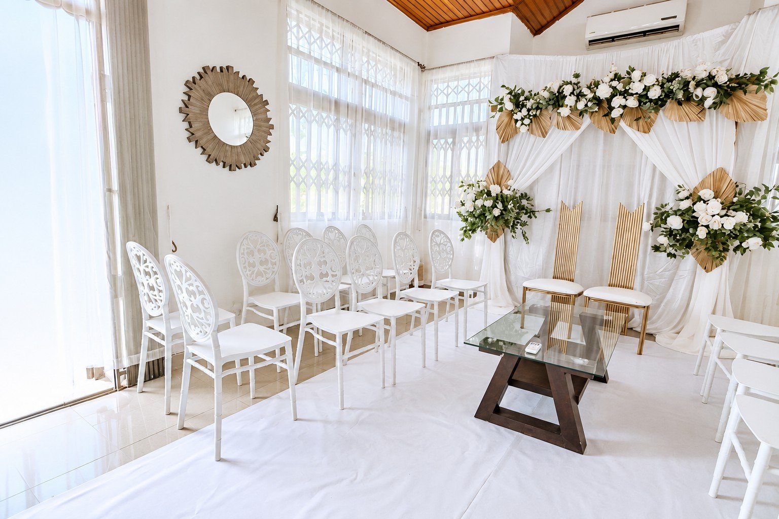 The indoor event space at Donna’s Place dressed for an intimate occasion